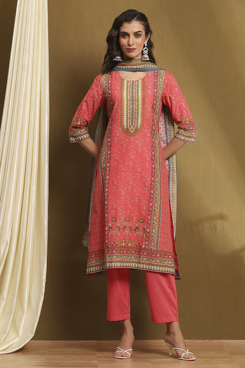 Moss Green Cotton Floral Printed Straight Suit Set image number 0