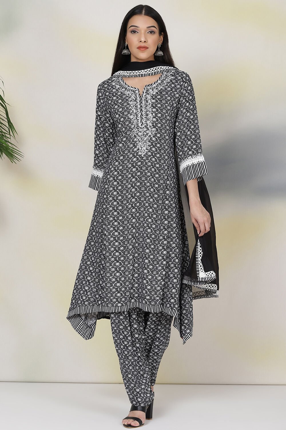 Black Rayon Asymmetric Kurta Salwar Suit Set at Biba India
