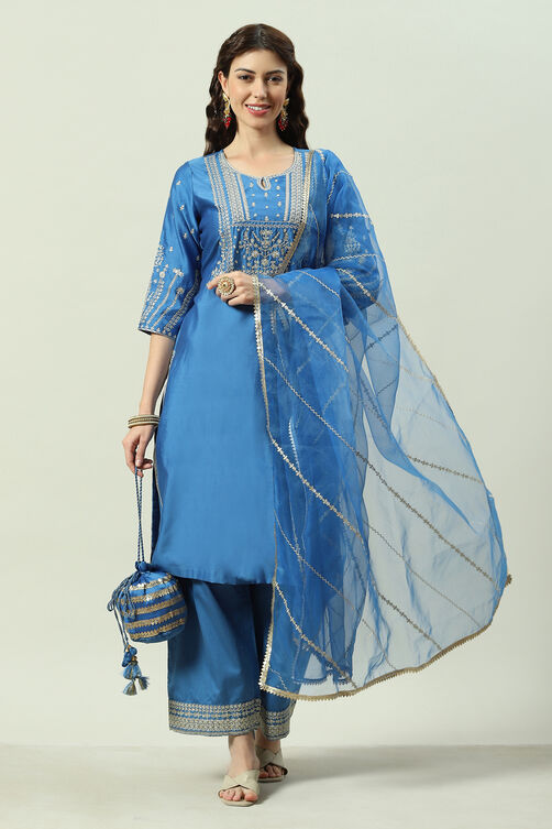 Blue Cotton Silk Straight Kurta Palazzo Suit Set image number 0