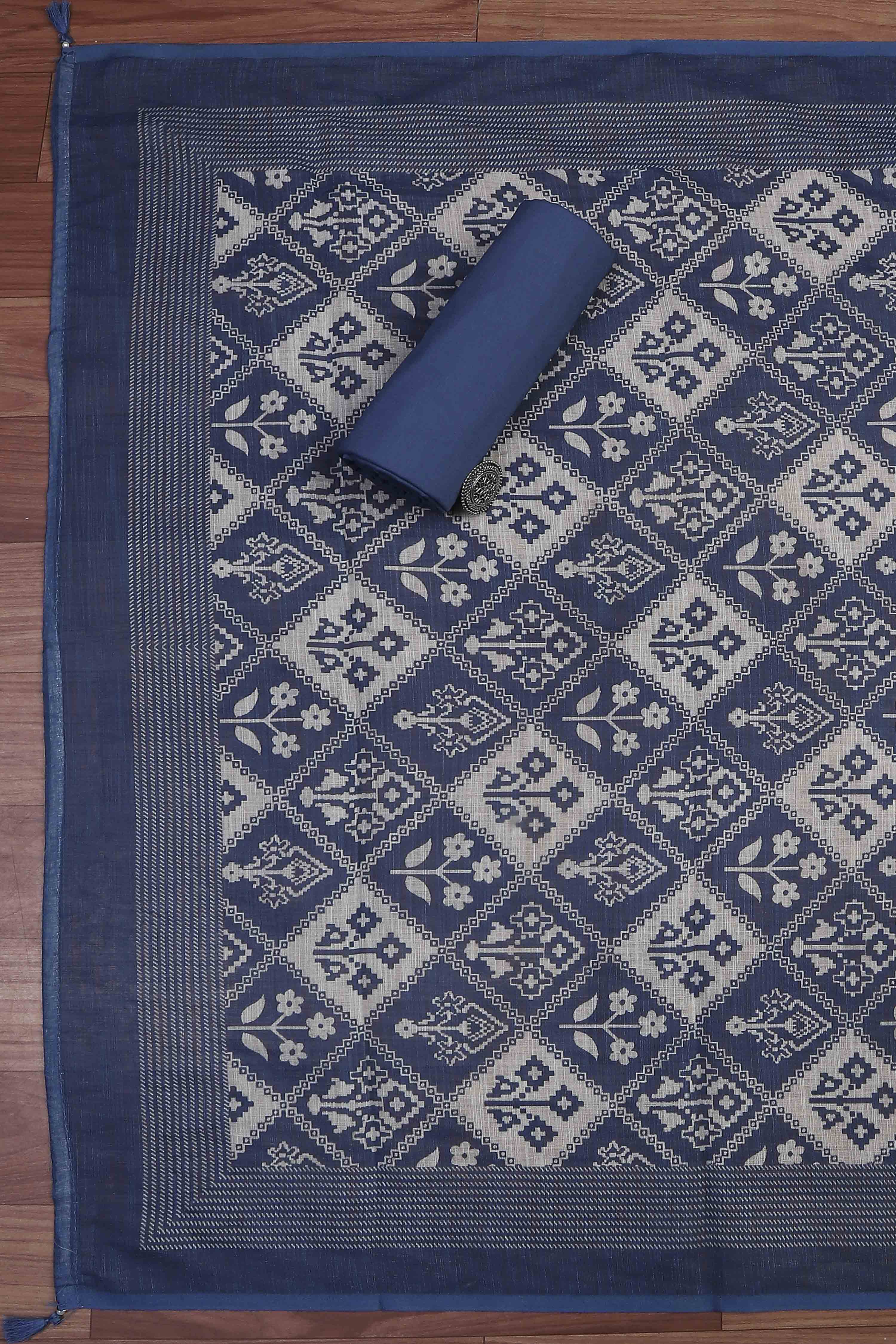 Blue Linen Royal-Ikkat  Buti Print Unstitched Suit Set image number 3