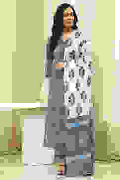 Grey Cotton Screen Print Unstitched Suit Set image number 7