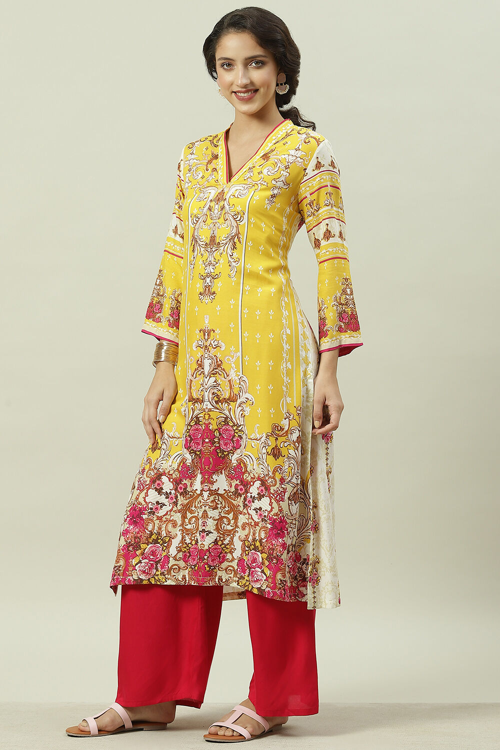Peach Rayon Straight Printed Kurta image number 3