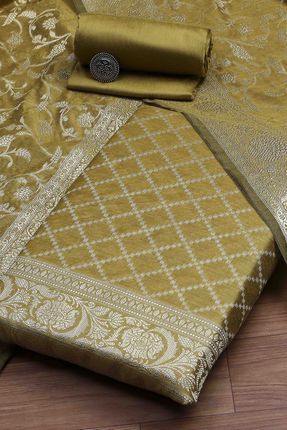 Mustard Cotton Printed Embroidered Unstitched Suit Set