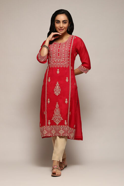 Pink Polyester Straight Yarndyed Kurta image number 5