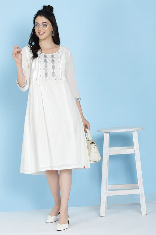 Cream Cotton A-Line Embroidered Kurta Dress image number 2