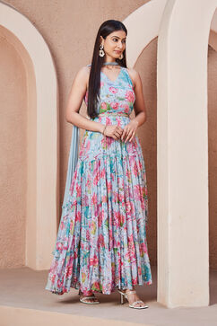 Grey Polyester Blend Anarkali Suit Set image number 4