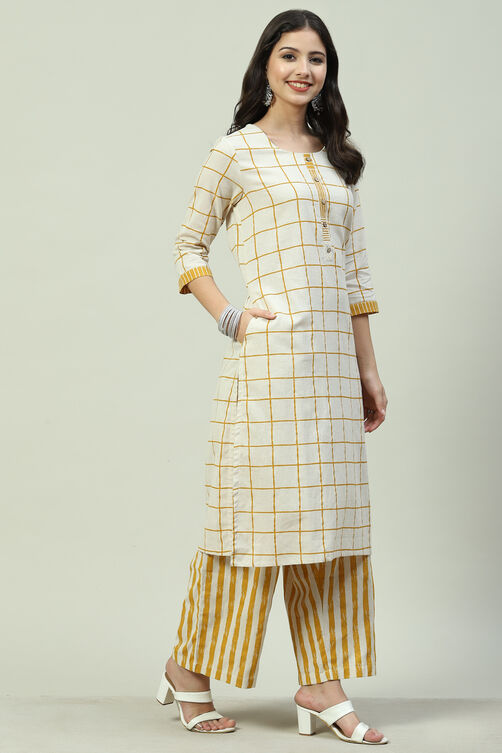 Mustard Cotton Blend Straight Kurta Palazzo Suit Set image number 0