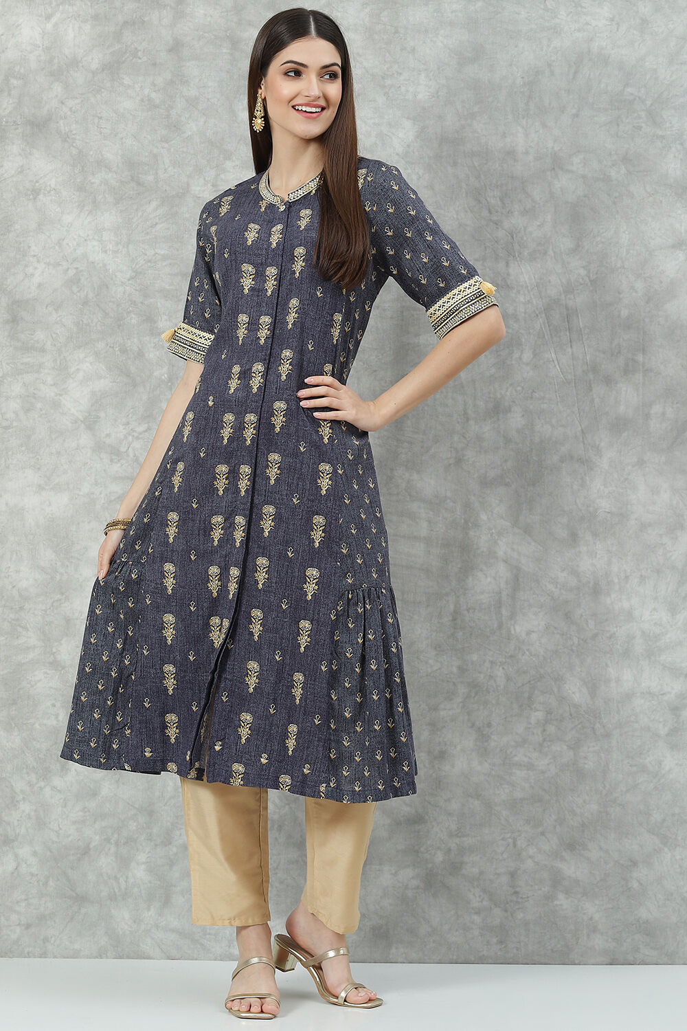 Denim Blue Rayon A-Line Printed Kurta image number 5