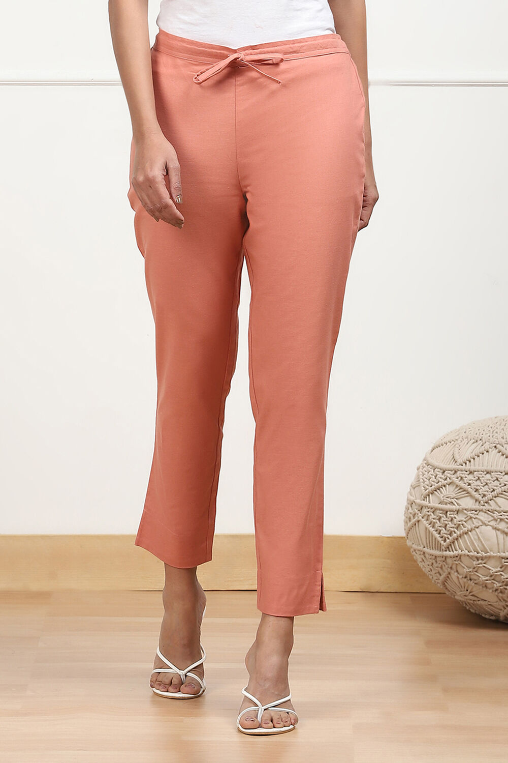 Rust Cotton Solid Regular Pants image number 4