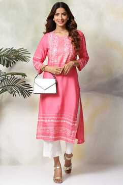 Pink Rayon Straight Kurta Pants Set image number 0