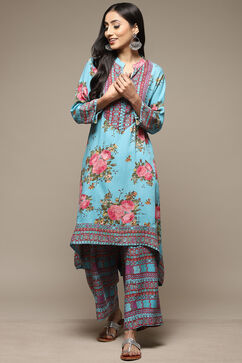 Turquoise Rayon Asymmetric Kurta Palazzo 2 Piece Set image number 6