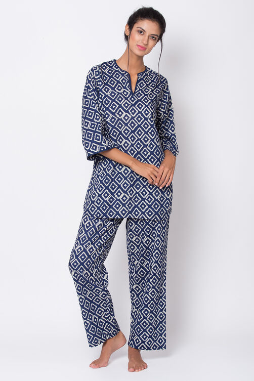 Navy Cotton Two Piece Printed Sleepwear Set image number 2
