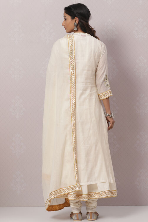 Ivory Poly Cotton Flared Kurta Churidar Suit Set image number 4