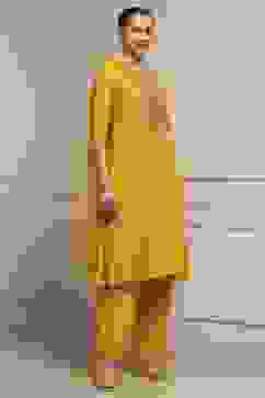 Yellow Viscose Rayon A-Line Solid Suit Set image number 5