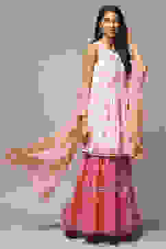 Off White & Peach Cotton Straight Kurta Garara Suit Set image number 0