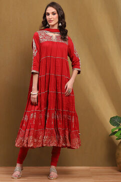 Red Cotton Embroidered Tiered Anarkali Suit Set image number 6