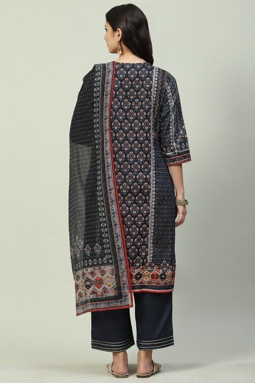 Charcoal Cotton Straight Kurta Slim Pants Suit Set image number 4