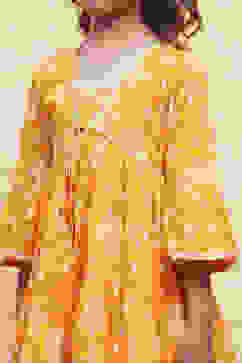 Orange Cotton Printed Tiered Kurta Set image number 1