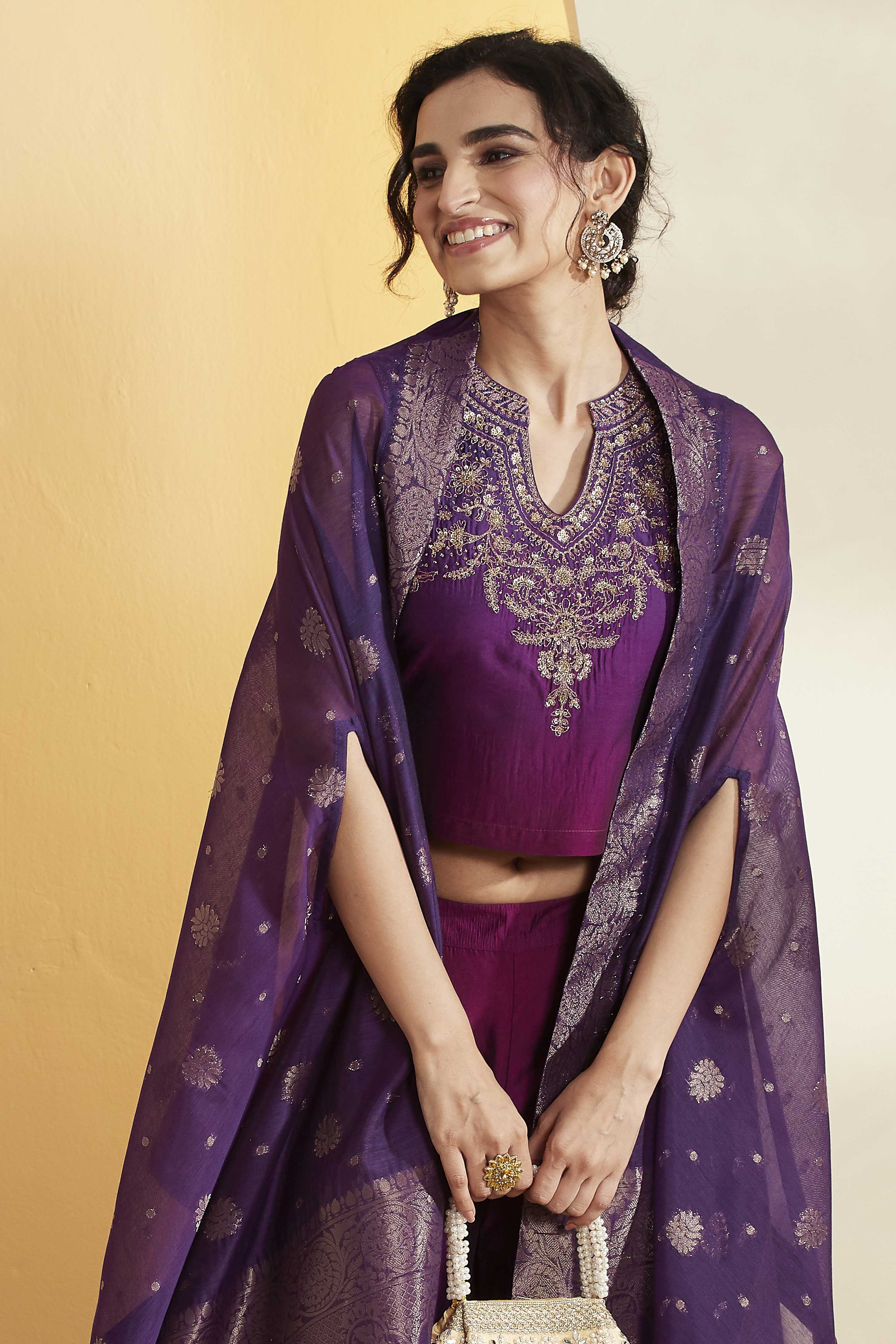 Purple Royal Silk Yoke Design Fusion Set image number 1
