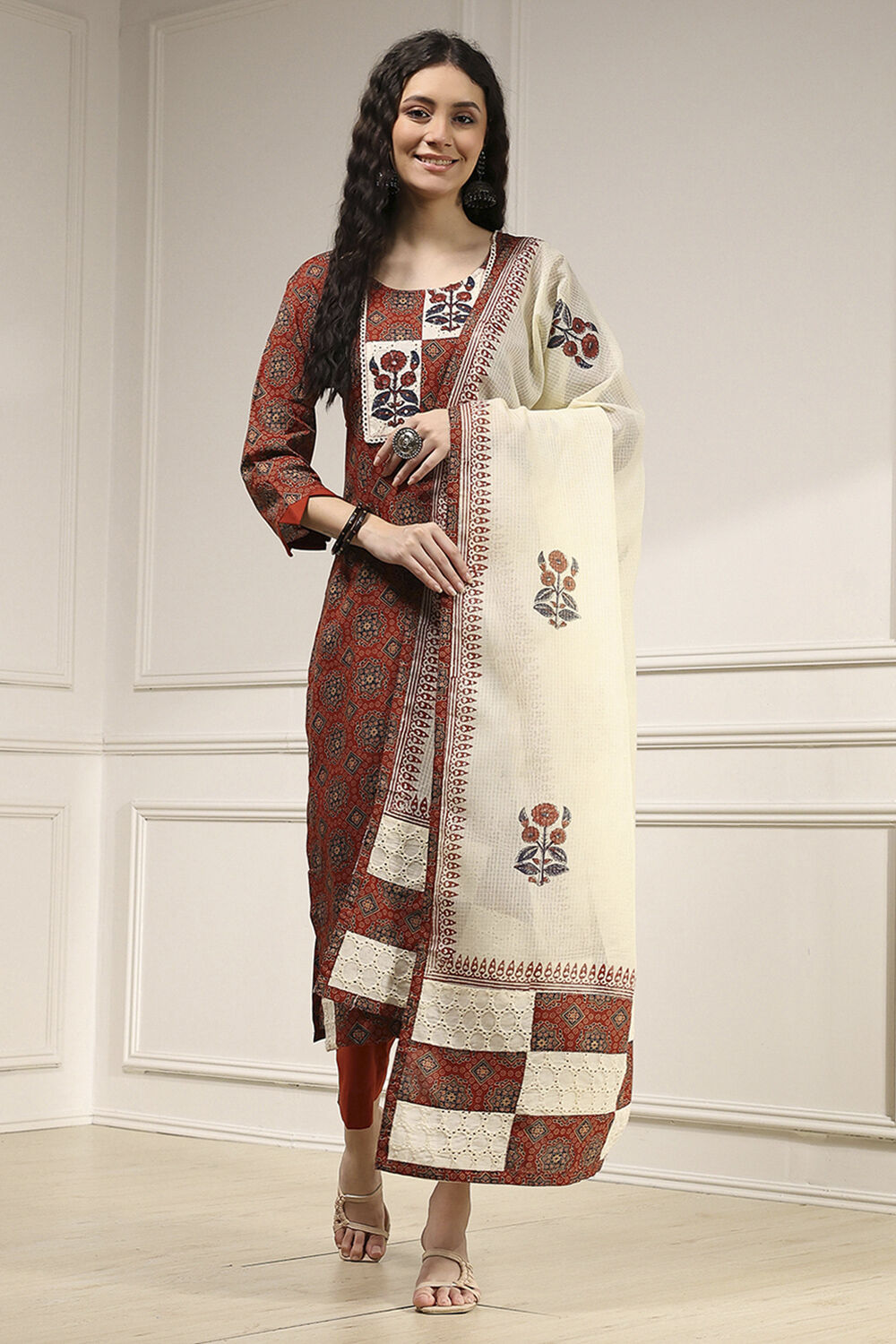 Maroon Cotton Hand Embroidered Unstitched Suit Set image number 1