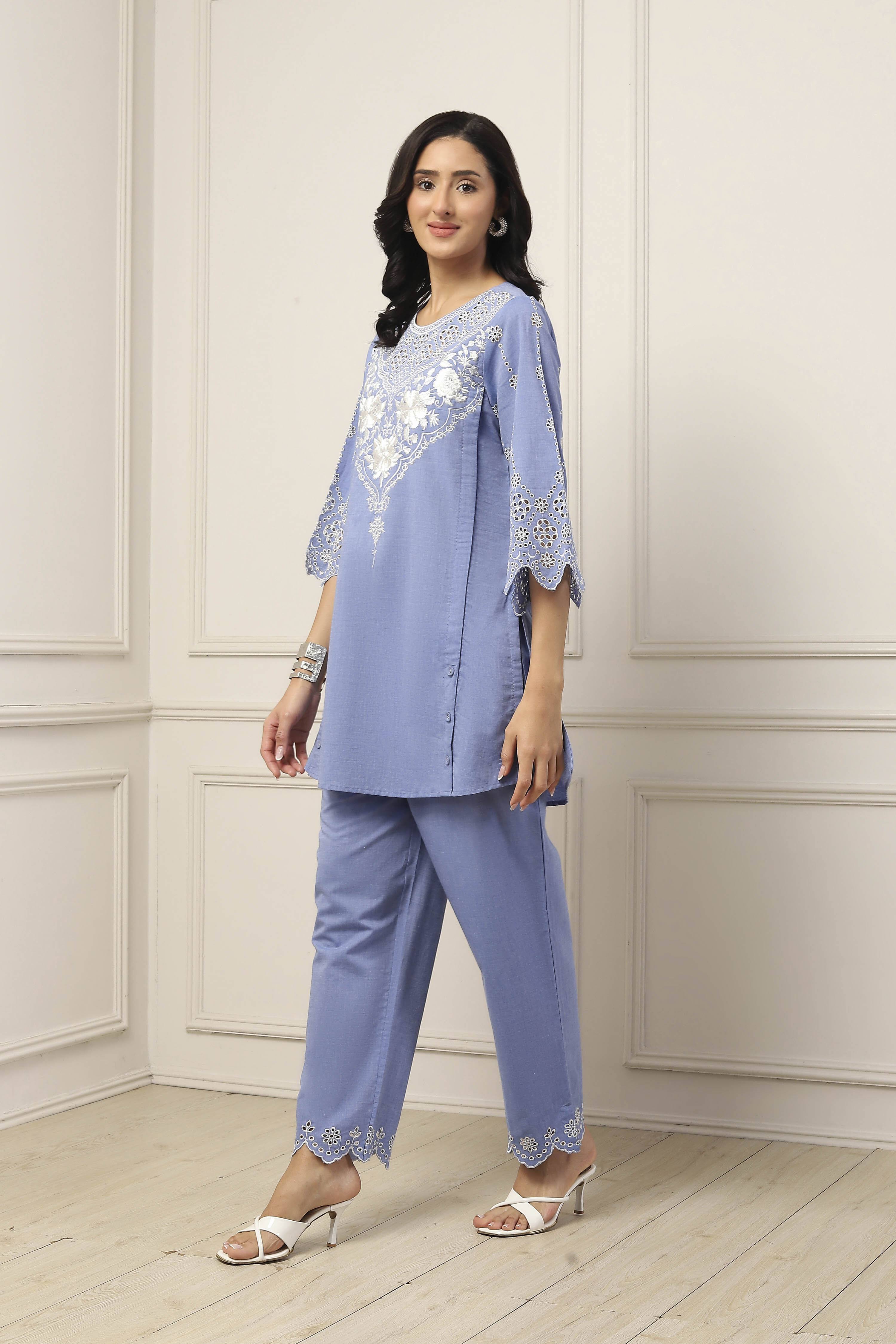 Blue Cotton Embroidered Cutwork Straight Suit Set image number 3
