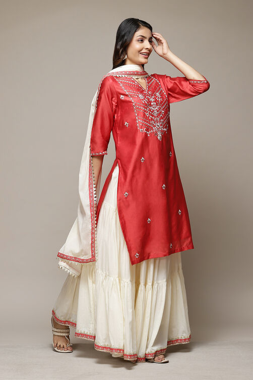 Red & Off White Cotton Blend Straight Kurta Suit Set image number 6