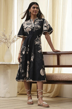 Black Cotton Floral Flared Dress image number 0