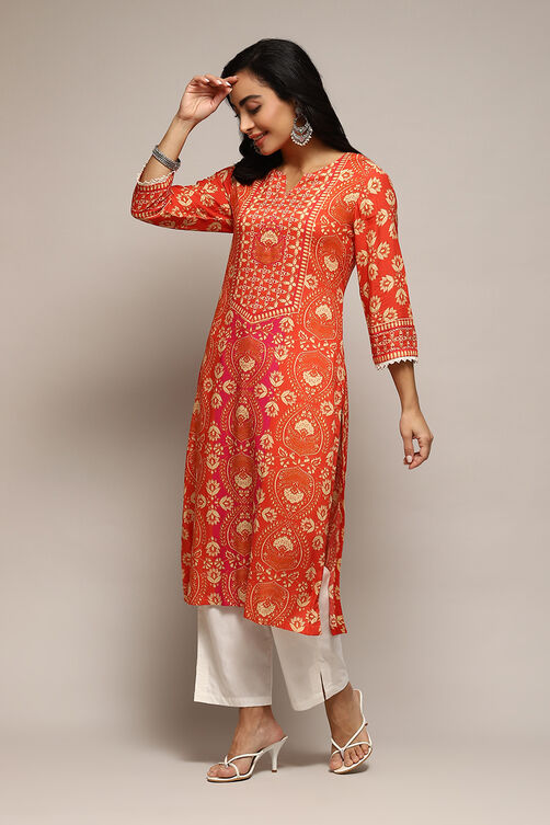 Orange LIVA Straight Printed Kurta image number 2