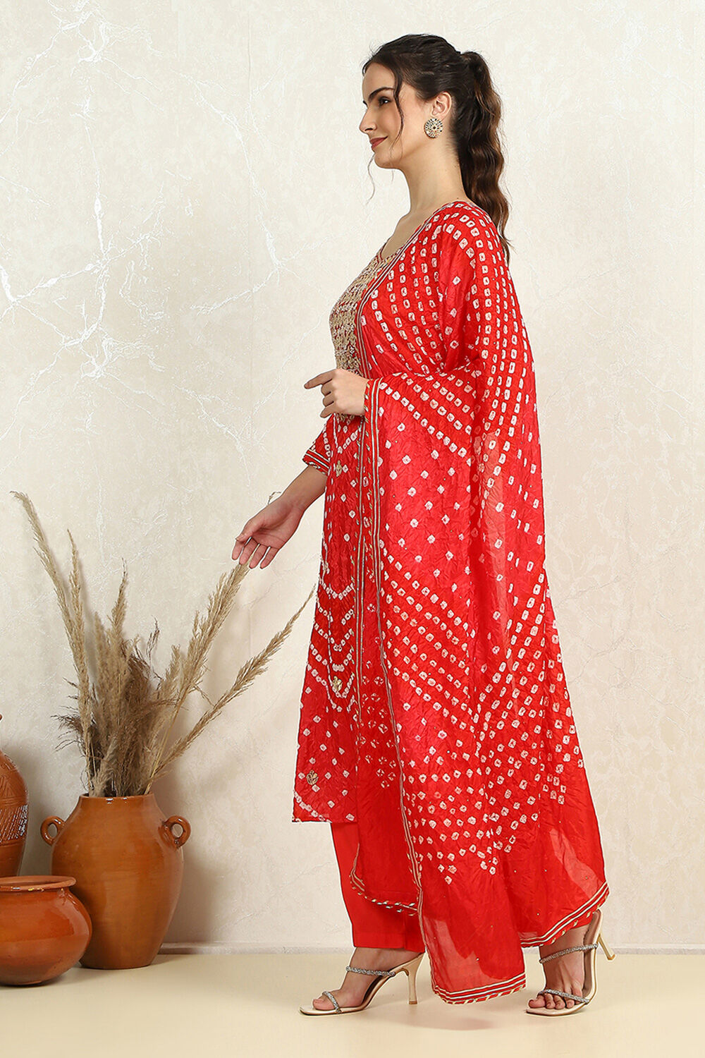 Orange Silk Blend Bandhej Crinkled Unstitched Suit Set image number 2