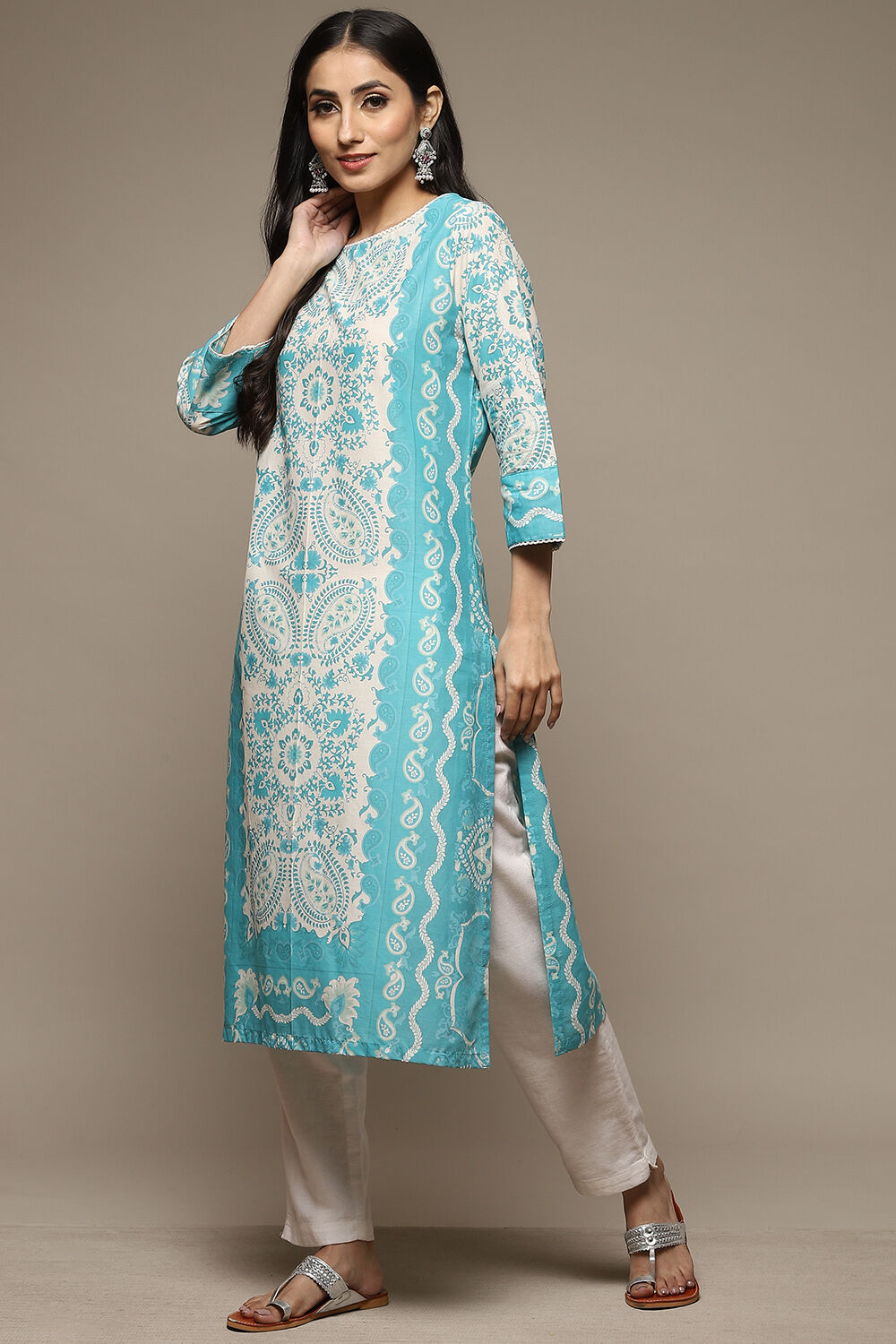 Blue Cotton Straight Printed Kurta image number 3