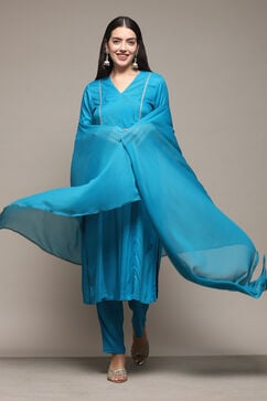 Turquoise LIVA Gathered Yarndyed Kurta Afgan Pant Suit Set image number 8