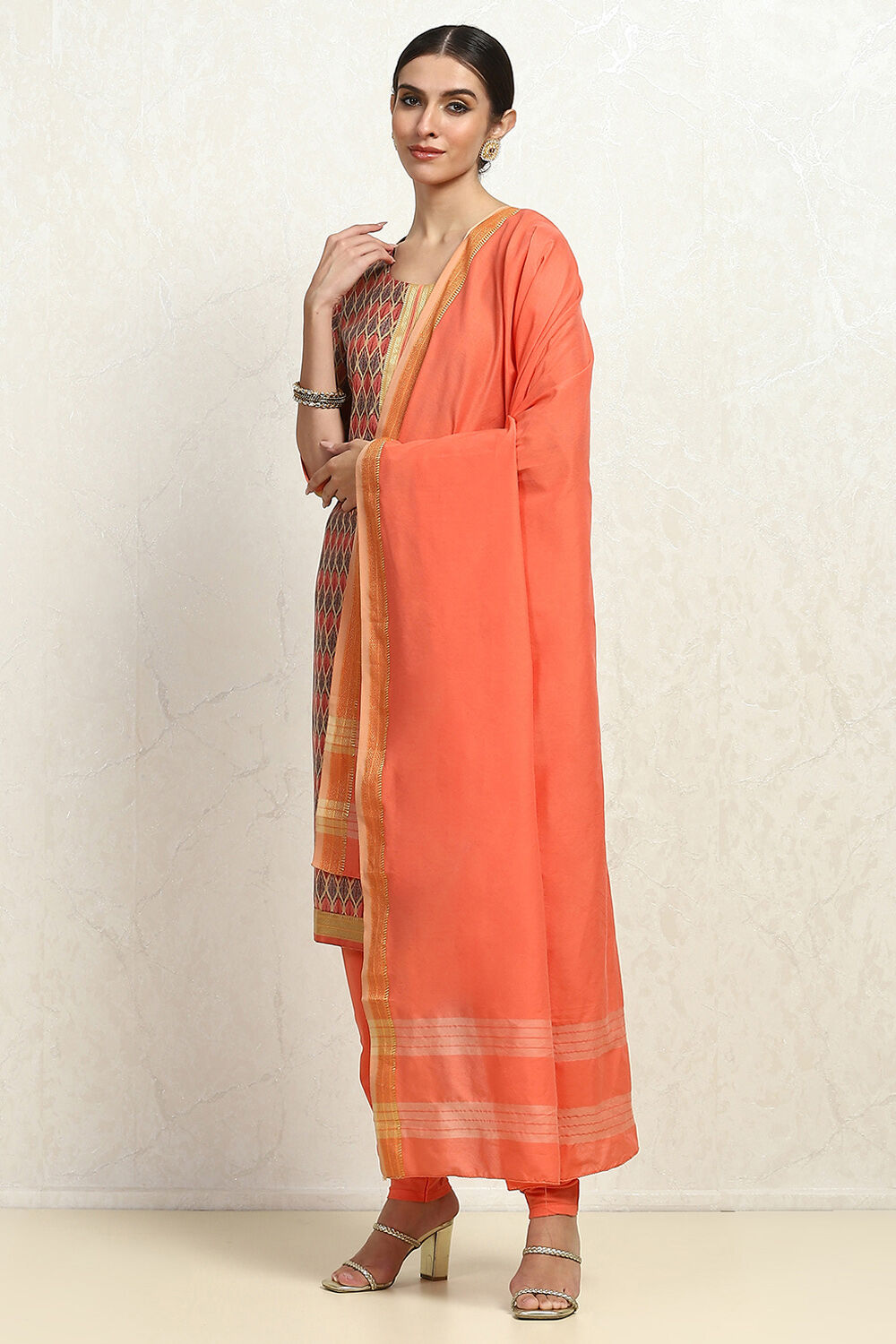 Grey Cotton Handloom Unstitched Suit Set image number 4