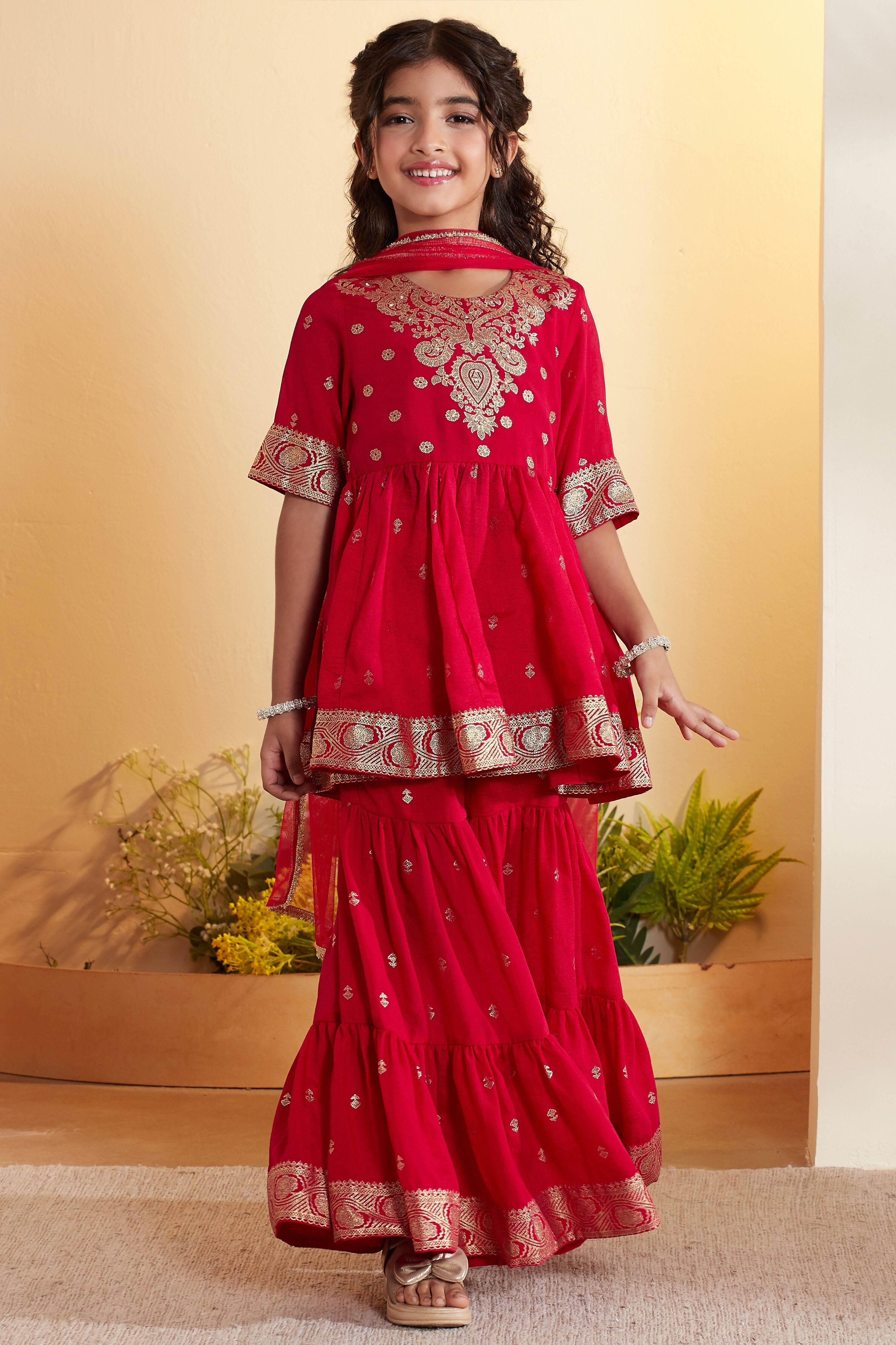Red Ethnic Motifs Garara Kurta Set image number 6