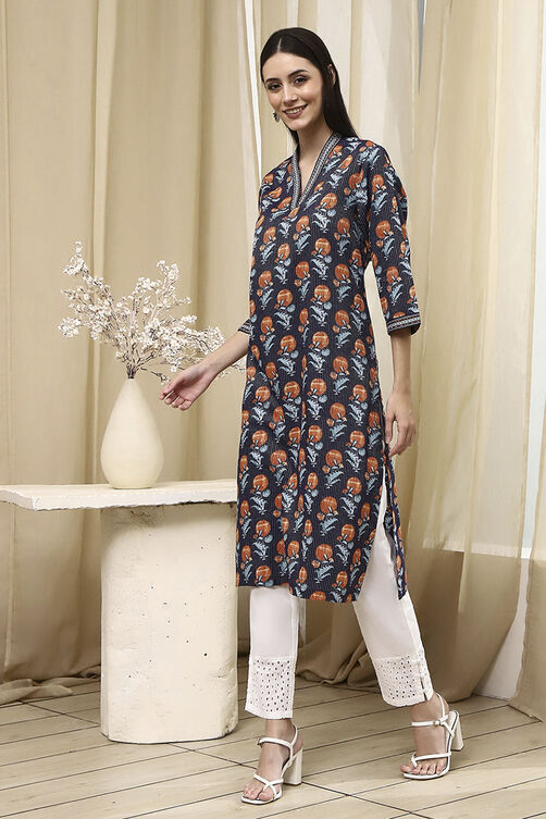 Teal Cotton Printed Straight Kurta image number 2