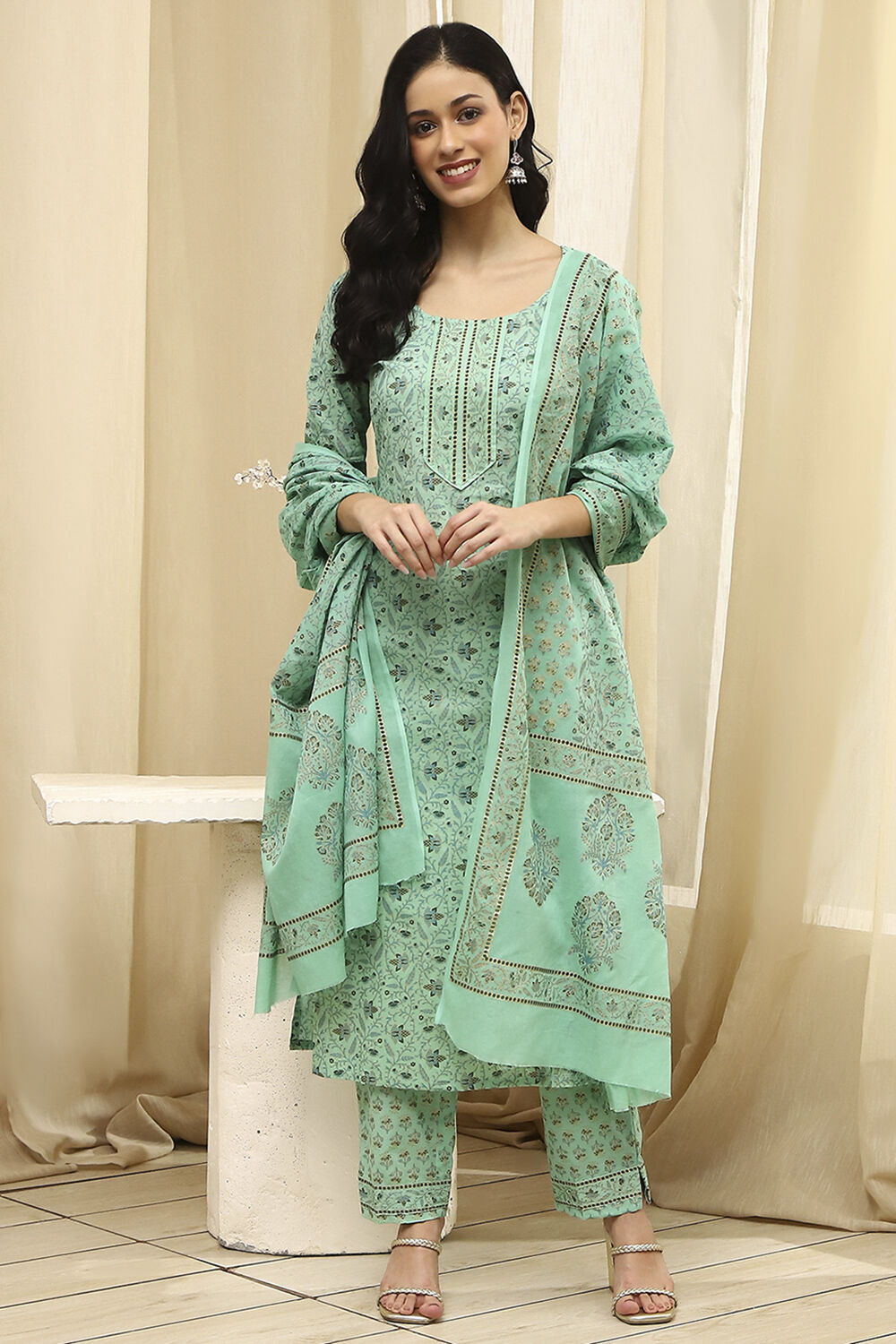 Pink Cotton Screen Print Unstitched Suit Set image number 1