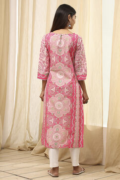 Pink Cotton Printed Straight Kurta image number 4
