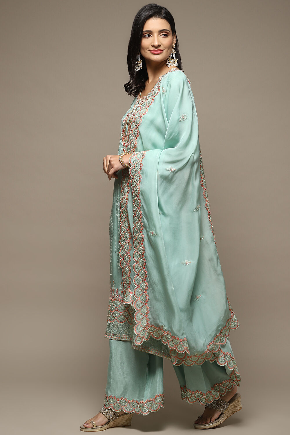 Turquoise Organza Machine Embroidered Unstitched Suit Set image number 6