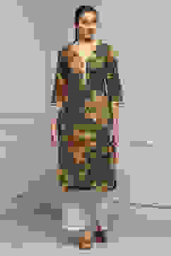 Olive Green Cotton Straight Printed Kurta image number 0