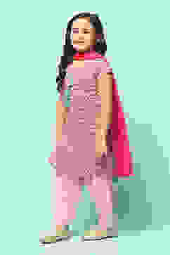 Pink Cotton Straight Printed Kurta Salwar Suit Set image number 8