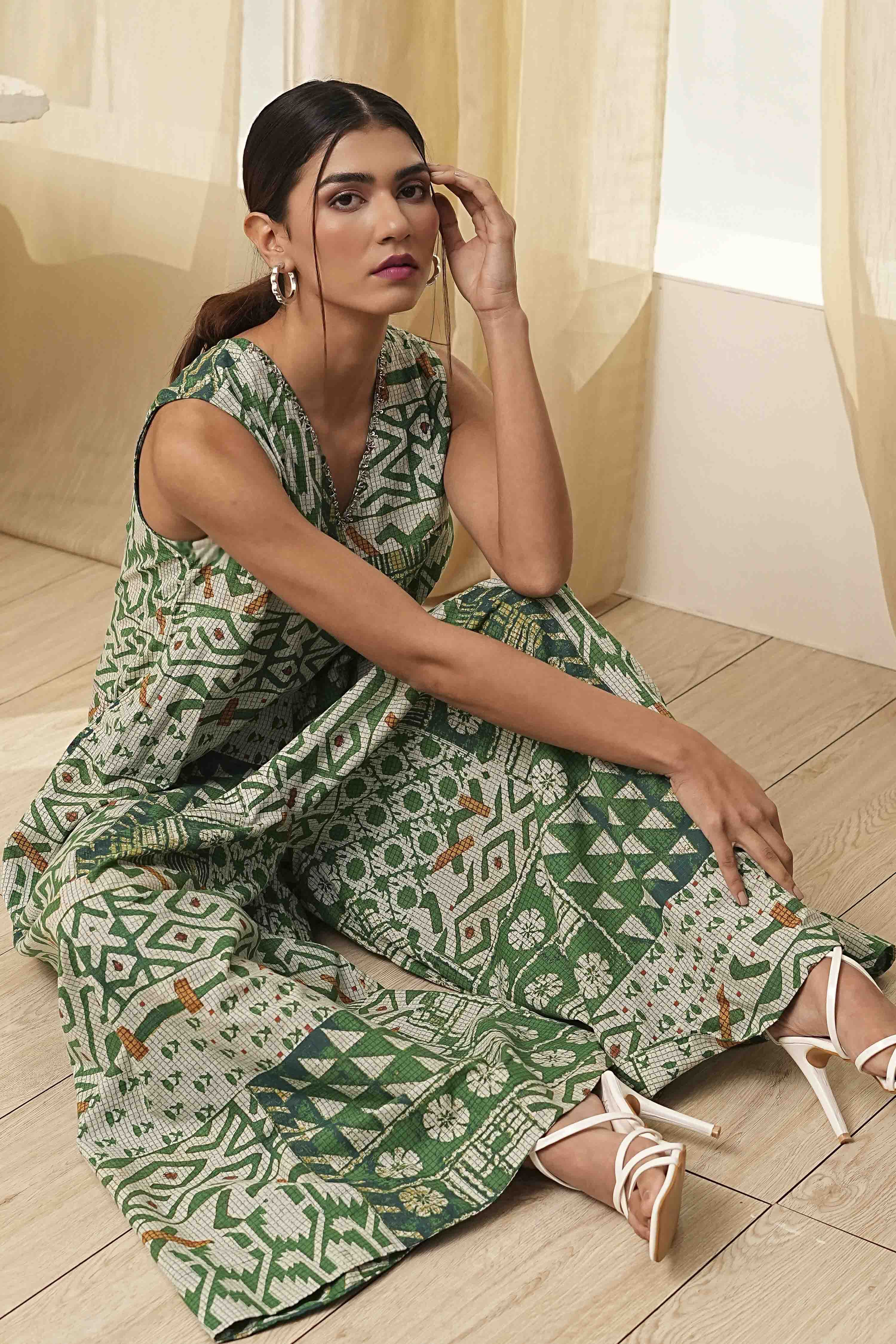 Green Cotton Printed Flared Jumpsuit image number 0