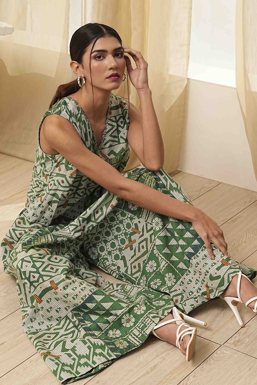 Green Cotton Printed Flared Jumpsuit image number 0