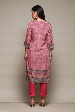 Pink Viscose Straight Kurta Slim Pant Suit Set image number 4