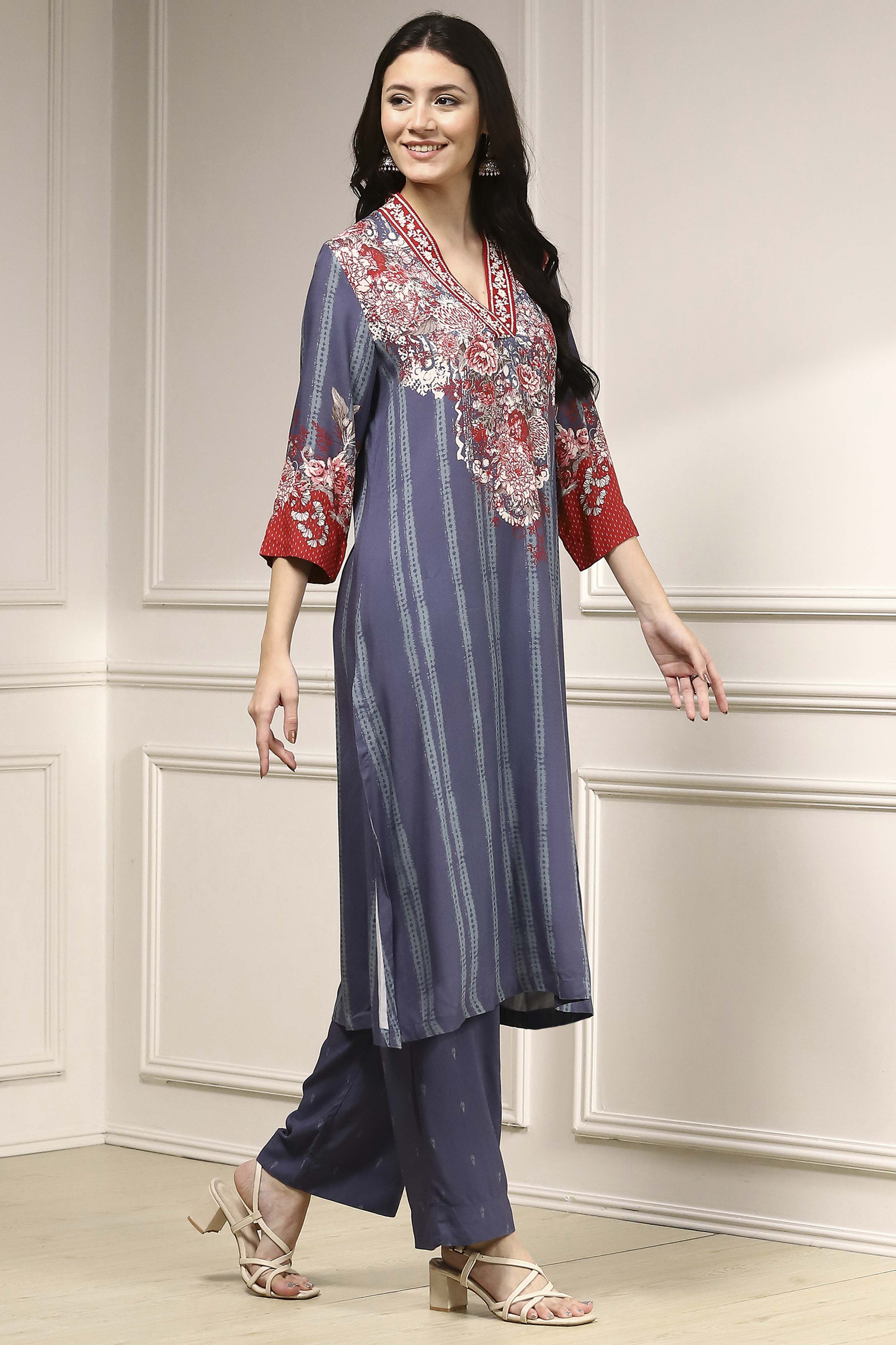 Blue Printed Straight Suit Set image number 5