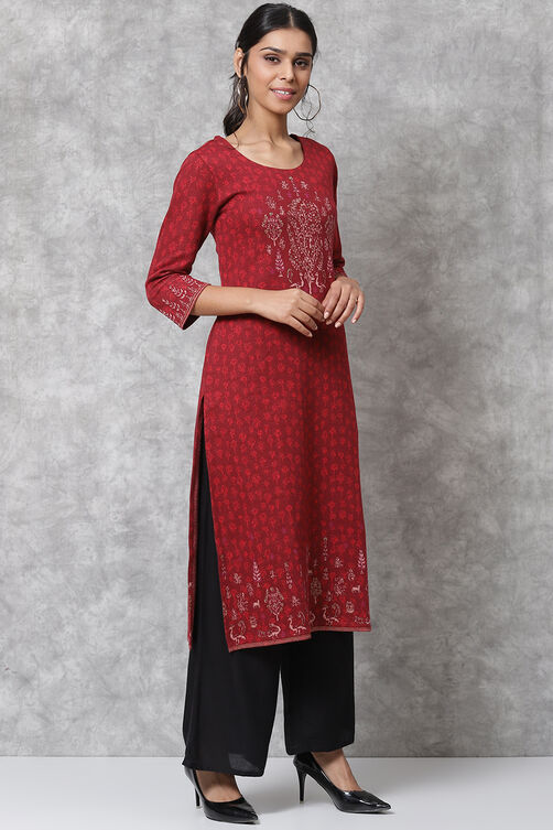 Red Straight Poly Cotton Kurta image number 3