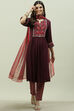 Burgundy Rayon A-Line Kurta Slim Pant Suit Set