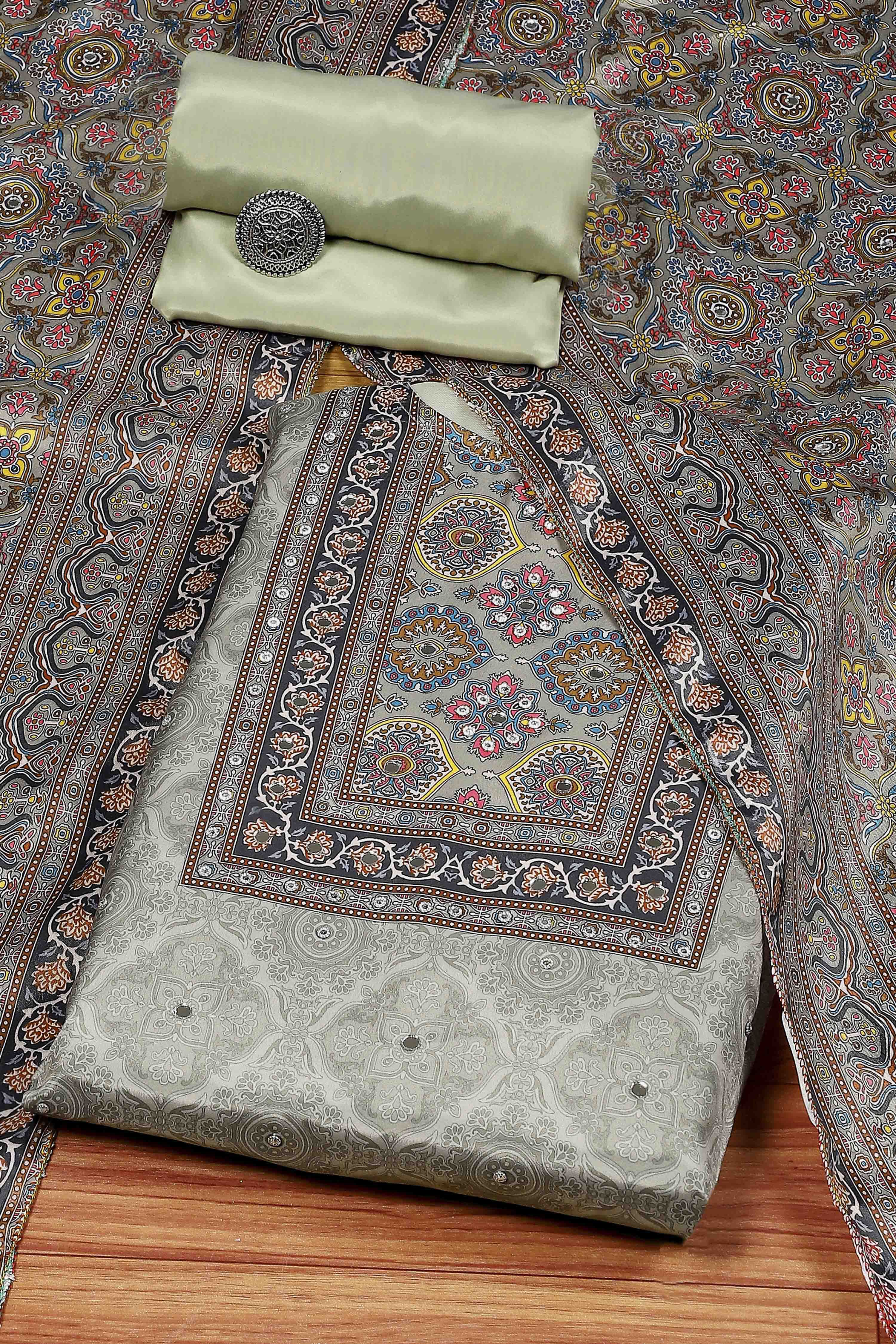 Grey Poly Crepe Digital Print Unstitched Suit Set image number 0