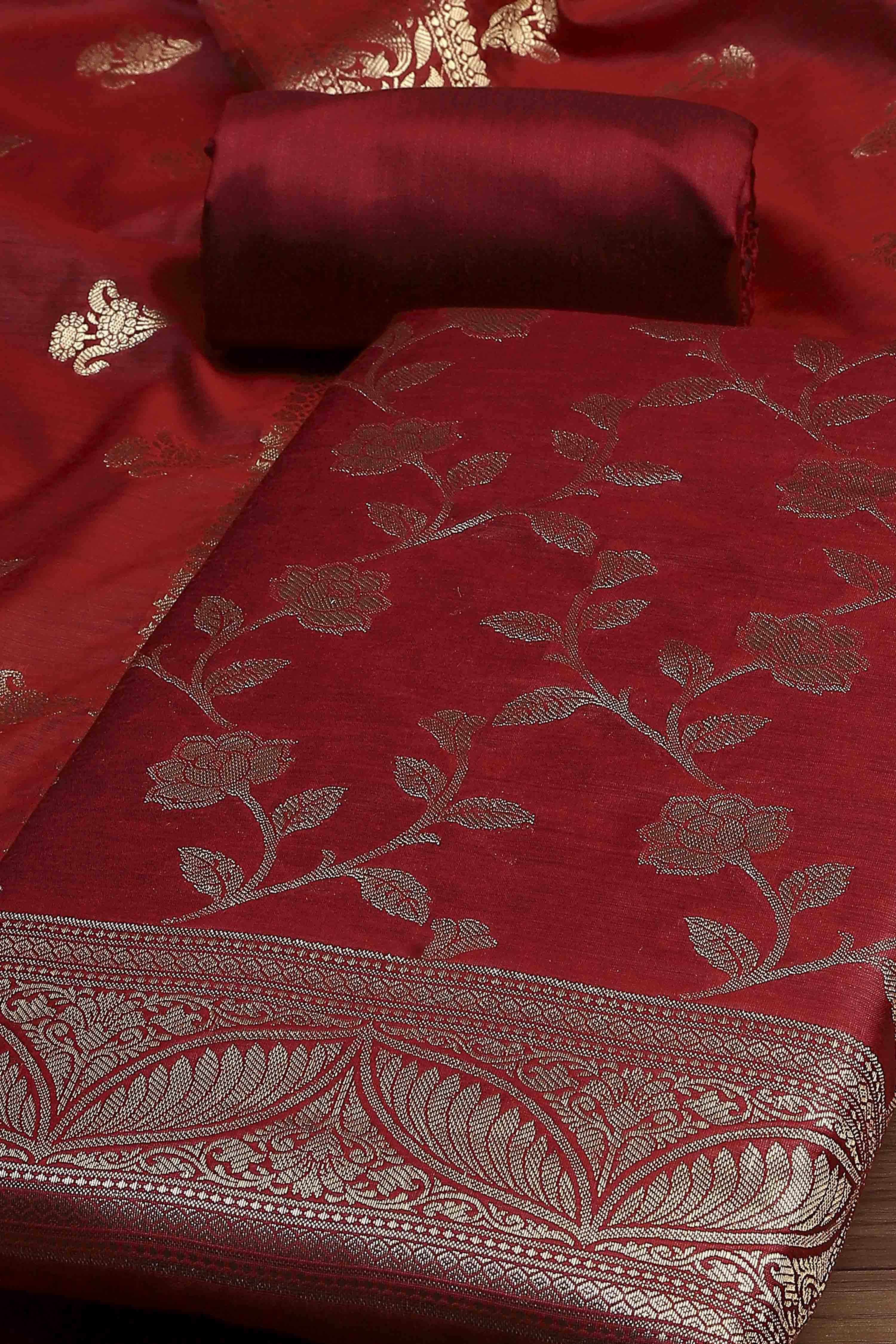 Maroon Cotton Printed Embroidered Unstitched Suit Set image number 1