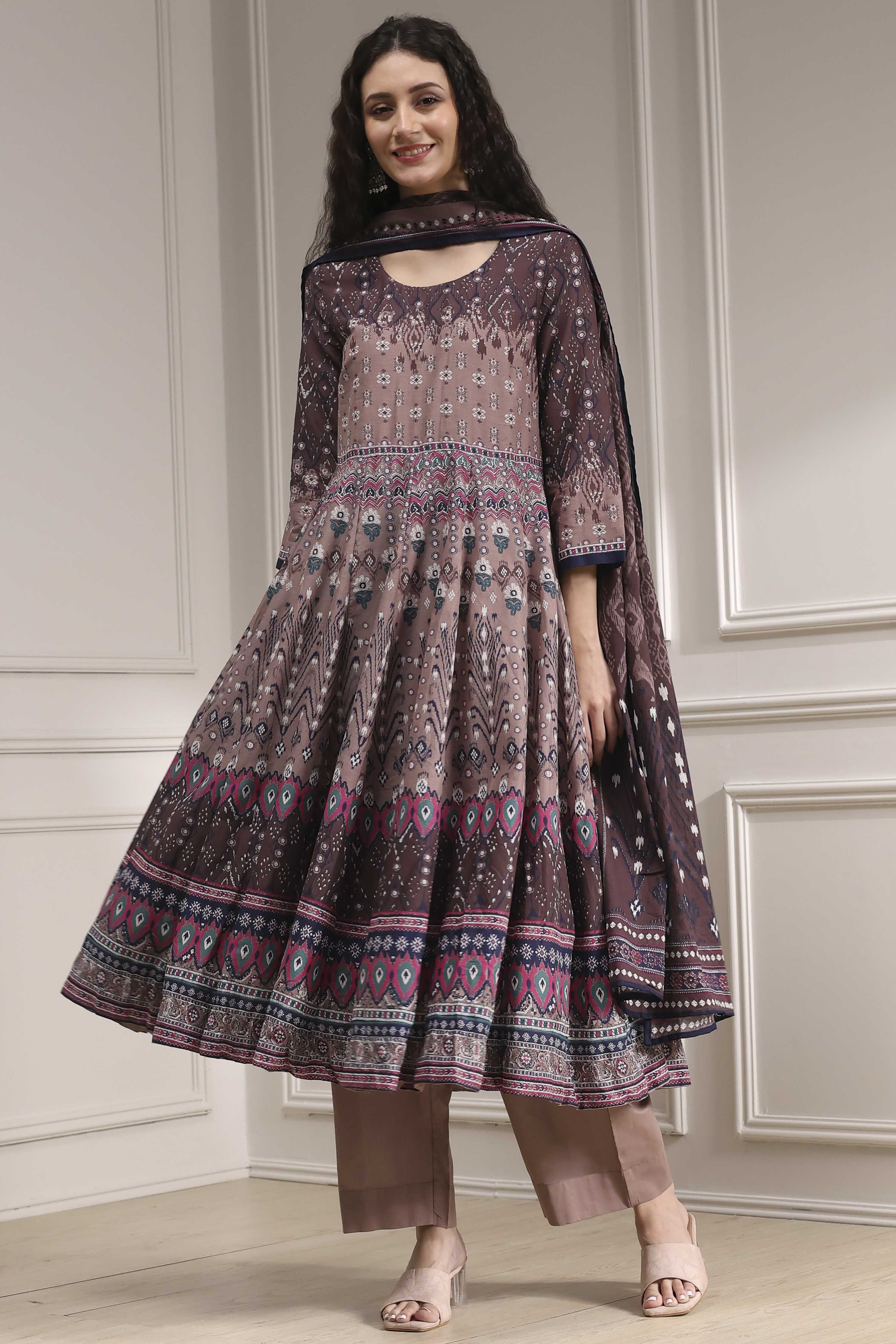 Mud Brown Cotton Printed Anarkali Suit Set image number 6