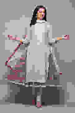 Off White Cotton Layered Printed Kurta Churidar Suit Set image number 0