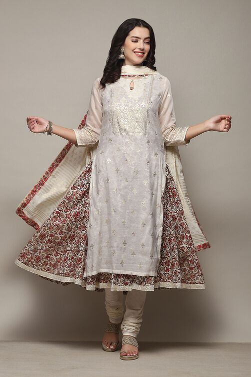 Off White Cotton Layered Printed Kurta Churidar Suit Set image number 0